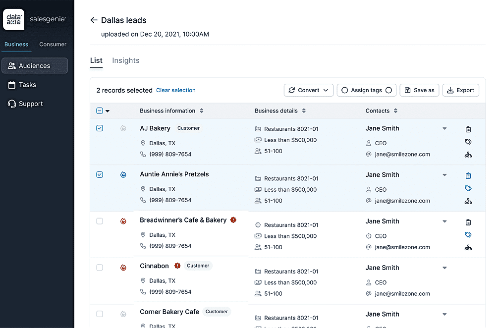 B2B database enrichment tools – Salesgenie by Data Axle