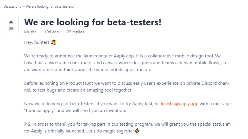 Ask for beta testers on ProductHunt