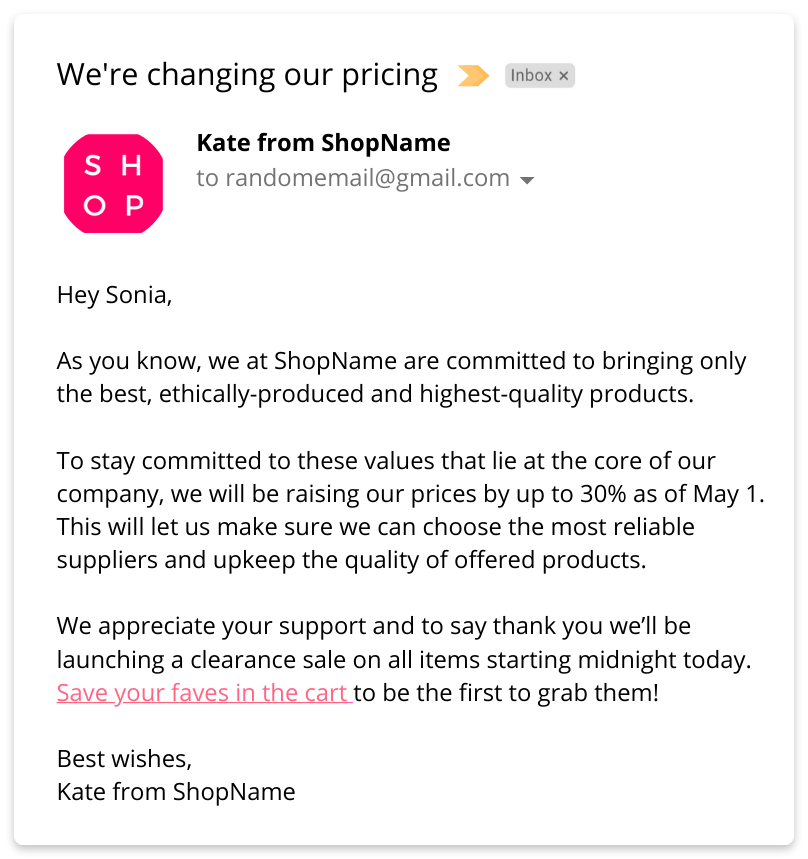 b2c price increase email example