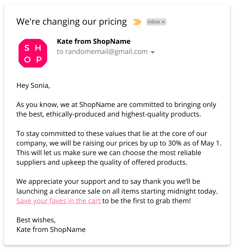 sample email to inform customers of price increase