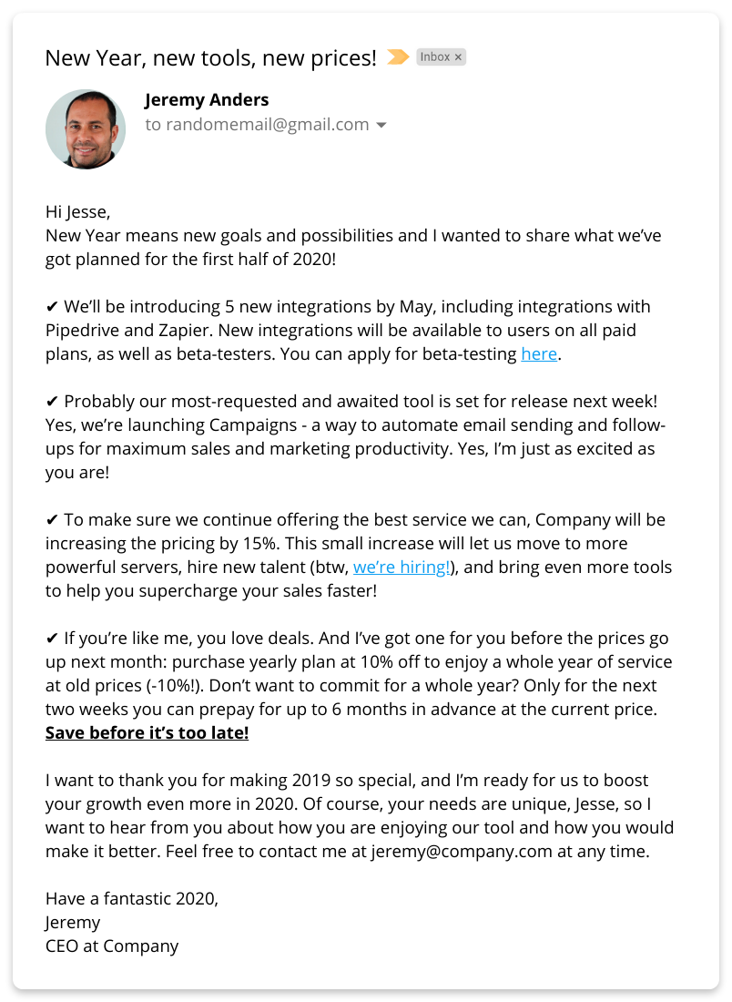 Professional Price Increase Letter from snov.io