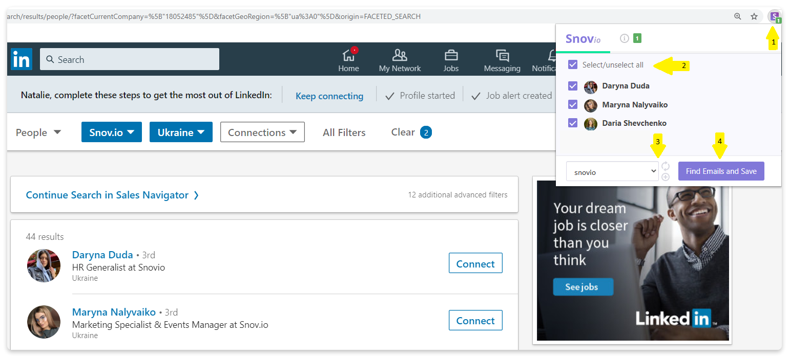 How to find emails on a LinkedIn search page