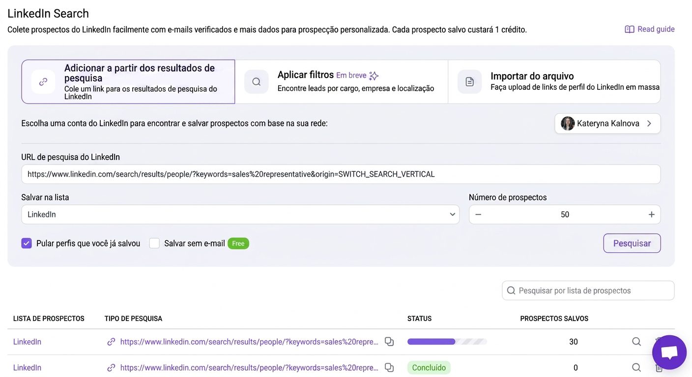 captura de tela mostrando como obter e-mails a partir de URLs de busca do LinkedIn com a Snov.io