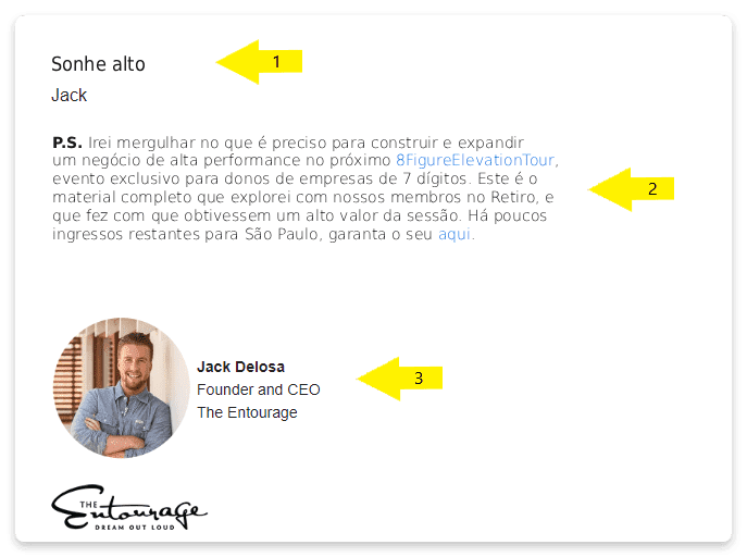 Exemplo de assinatura de e-mail de Jack Delosa (The Entourage) com indicação numérica de elementos: 1. Despedida, 2. P.S. com convite para evento em São Paulo e 3. Foto e cargo.