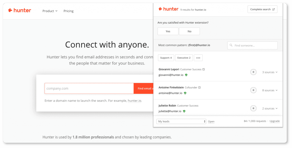Интерфейс инструмента Hunter.io для поиска контактов редакторов для аутрич-кампаний