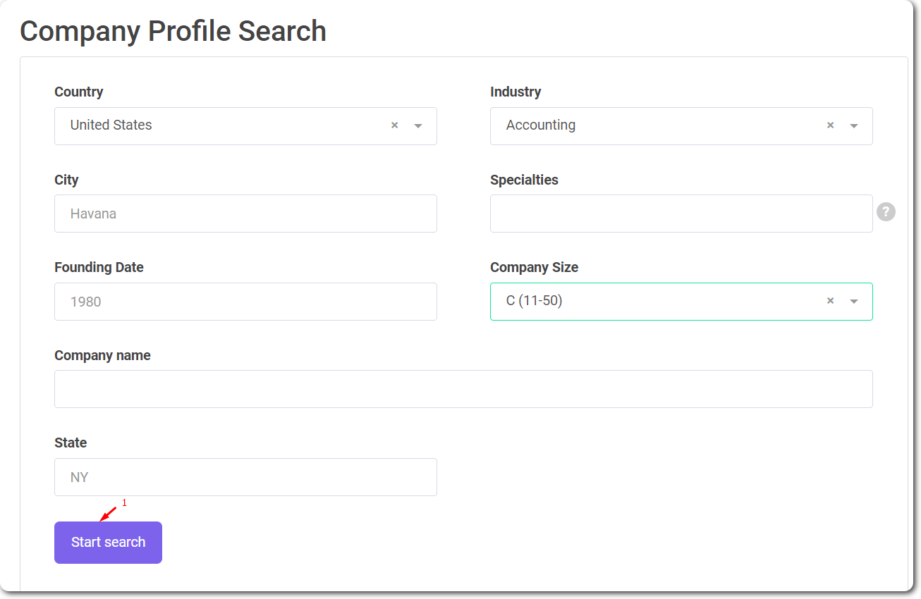 Company profile search with Snov.io