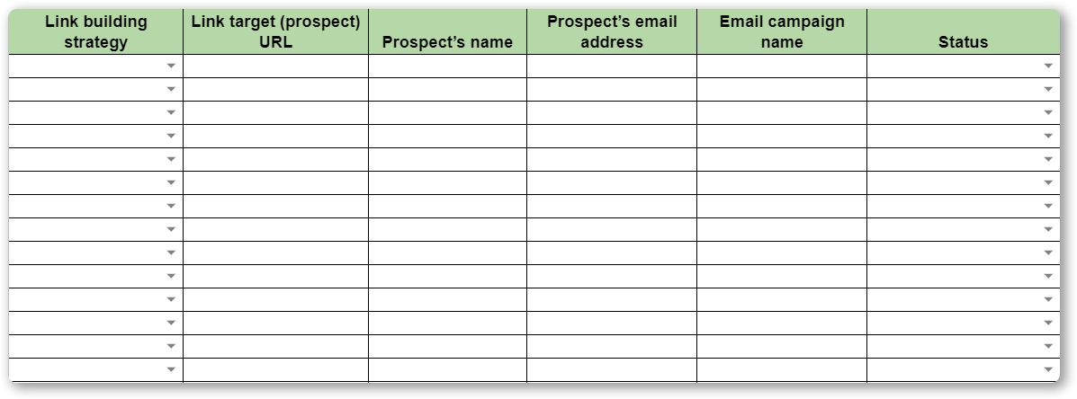 Worksheet for tracking performance of link building outreach campaigns