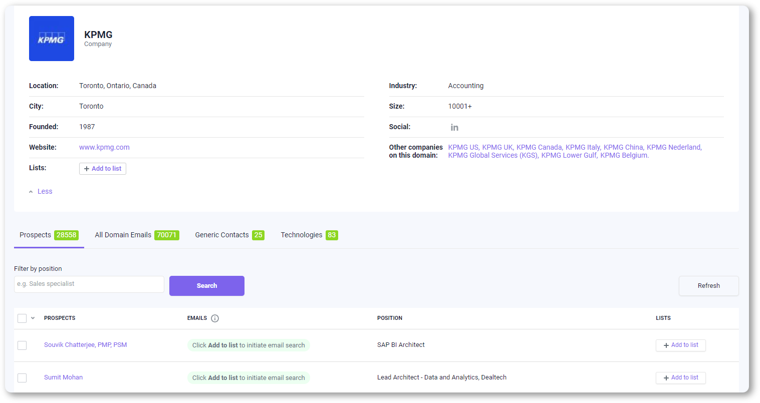 Snov.io Database Search by company