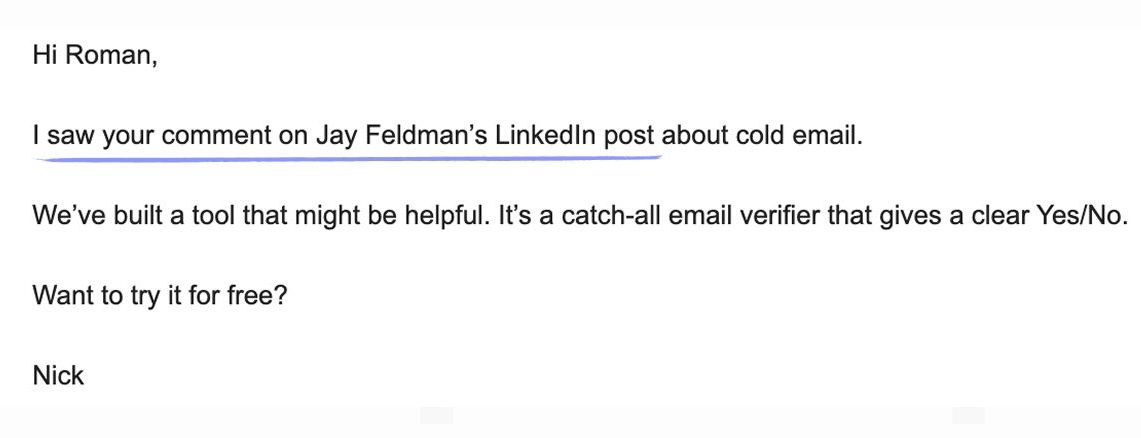 Intent-driven example of cold outreach message