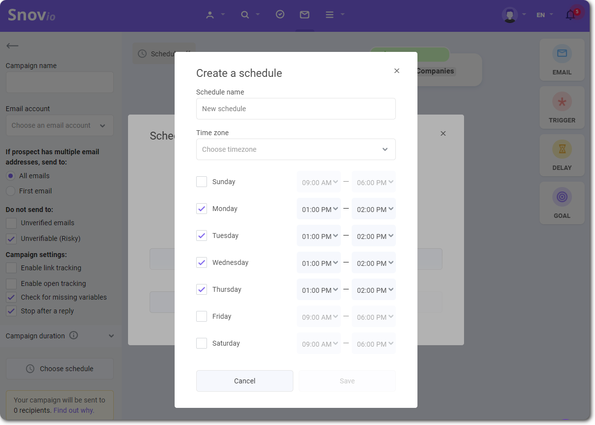 Creating email schedule with Snov.io