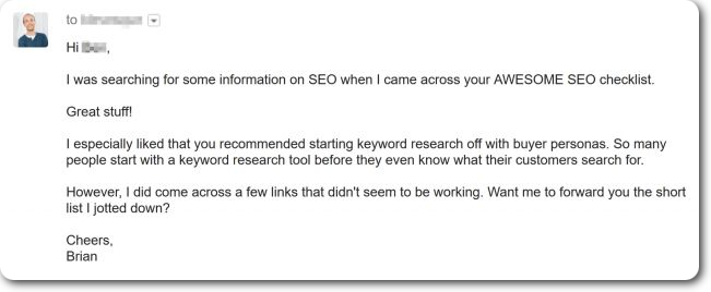 Brian Dean's email 1 about broken links