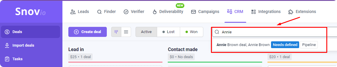 Search of a deal by name in Snov.io CRM