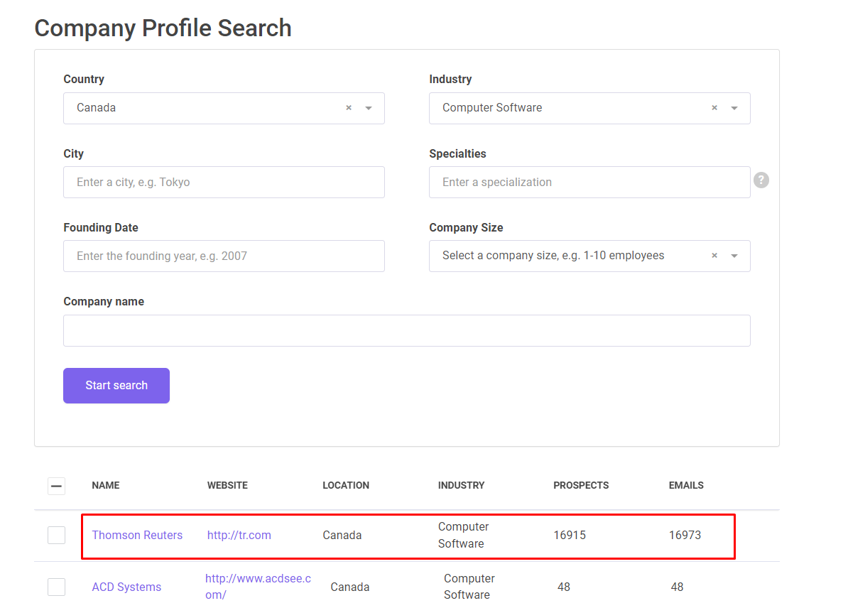 Snov.io company profile search