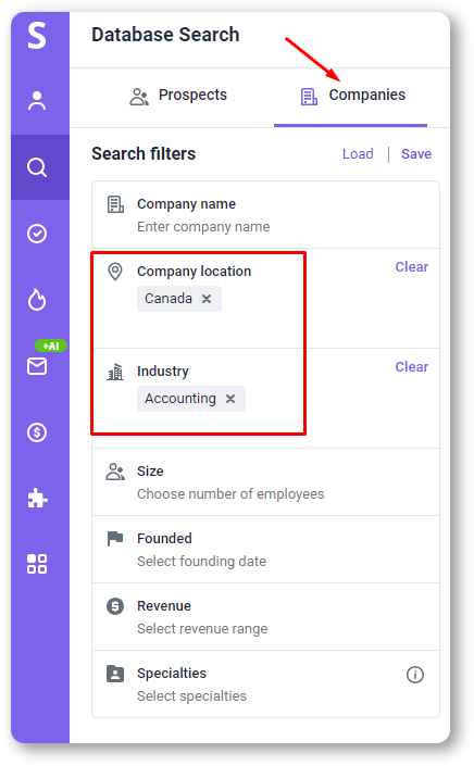 Snov.io Database Search by company