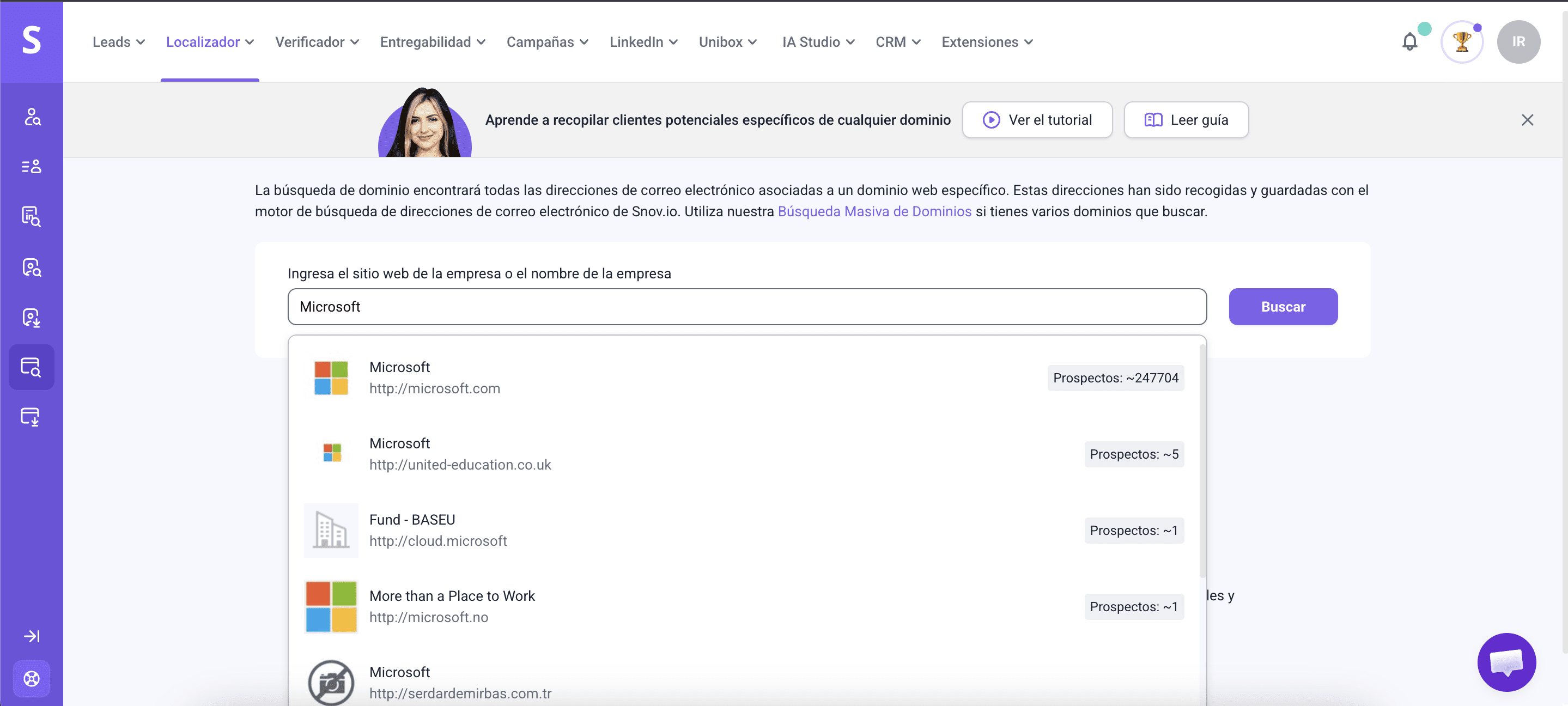 Búsqueda de dominio de Snov.io