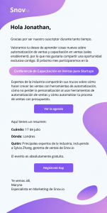 Ejemplo de correo electrónico de invitación a un evento de Snov.io, con información sobre una conferencia de ventas, fecha, ubicación y botones de registro.