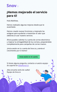Ejemplo de email de invitación a una conferencia de capacitación en ventas de Snov.io, con detalles del evento y botones para consultar la agenda y registrarse.