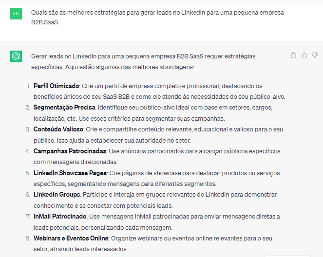 Resposta do ChatGPT sobre como gerar leads no LinkedIn