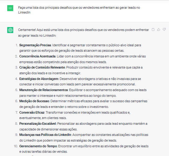 Resposta do ChatGPT sobre os maiores desafios de vendedores ao usar o LinkedIn