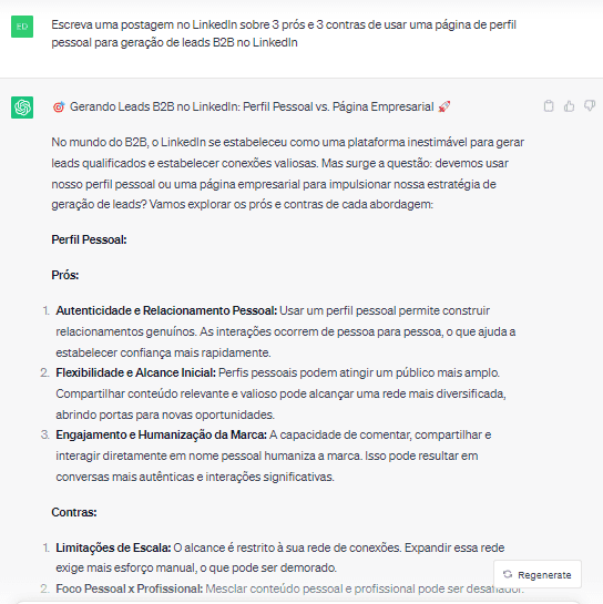 Texto criado pelo ChatGPT sobre geração de leads no LinkedIn
