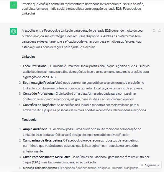 Opinião do ChatGPT sobre FaceBook e LinkedIn para geração de leads B2B