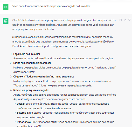 Exemplo de pesquisa avançada no LinkedIn criado pelo ChatGPT