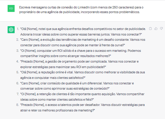 Modelos de mensagens de conexão criadas pelo ChatGPT
