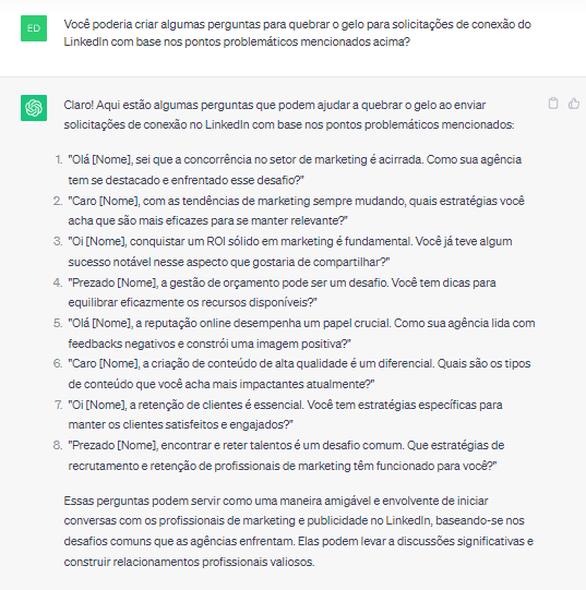 Perguntas para solicitações no LinkedIn criadas pelo ChatGPT
