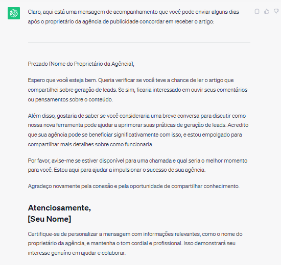 Mensagem de acompanhamento criada pelo ChatGPT