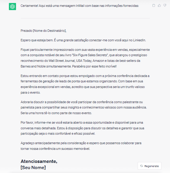 Modelo de cold inMail criado pelo ChatGPT