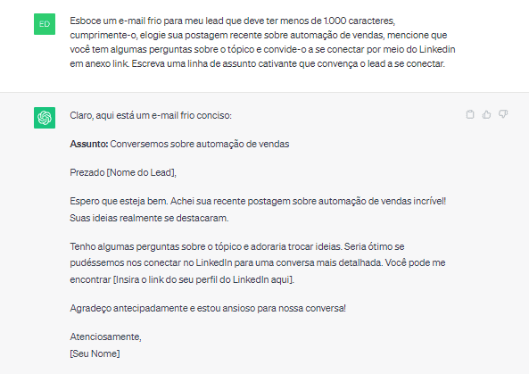 Modelo de cold mail para geração de leads criado pelo ChatGPT