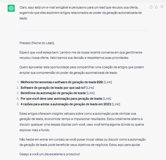 Modelo de mensagem criado pelo ChatGPT divudando artigos do blog