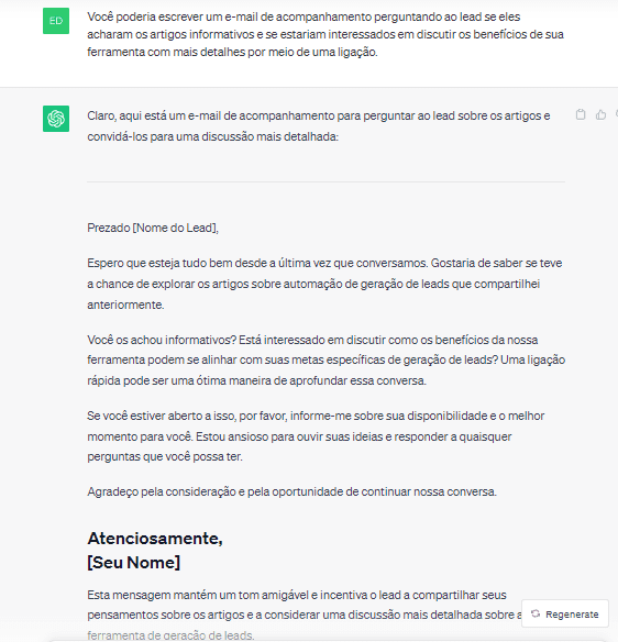 Modelo de follow up criado pelo ChatGPT