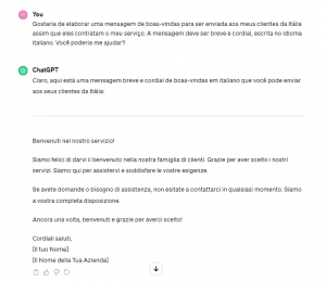 Mensagem em italiano para atendimento ao cliente gerada pelo ChatGPT