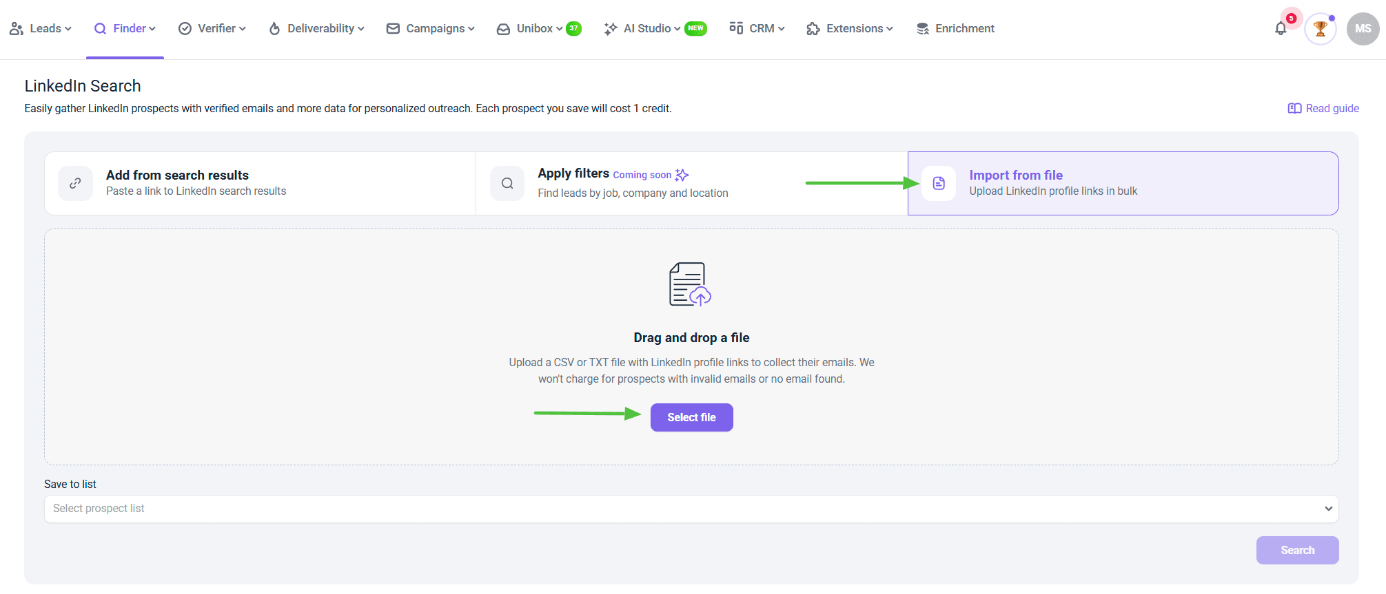 LinkedIn Search Import from Snov.io