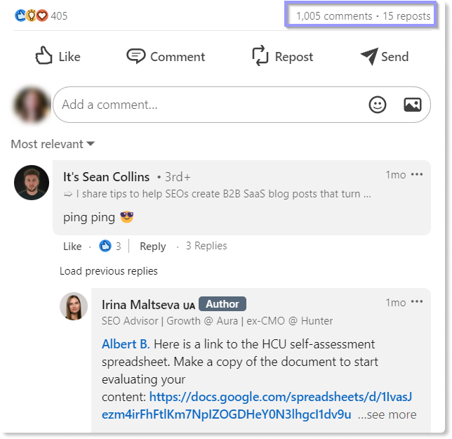 Коментарі під постом в LinkedIn
