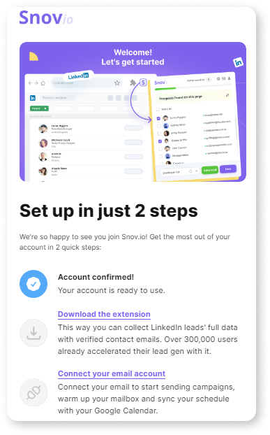 Example of a welcome email by Snov.io