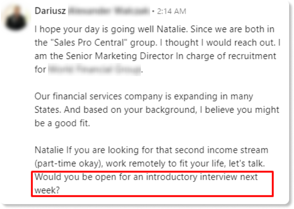 LinkedIn Cold Message Example 3