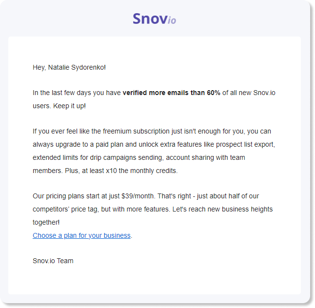 Progress email by Snov.io