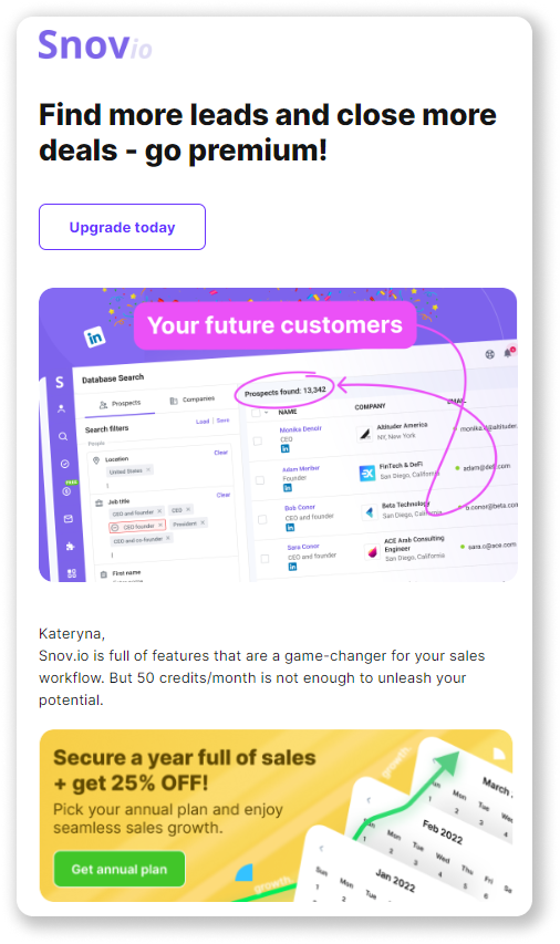 Snov.io Welcome email example