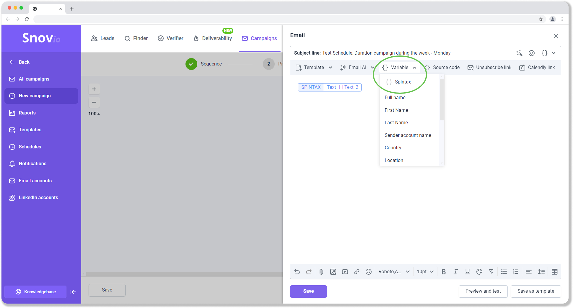 Snov.io email drip campaigns variables 2