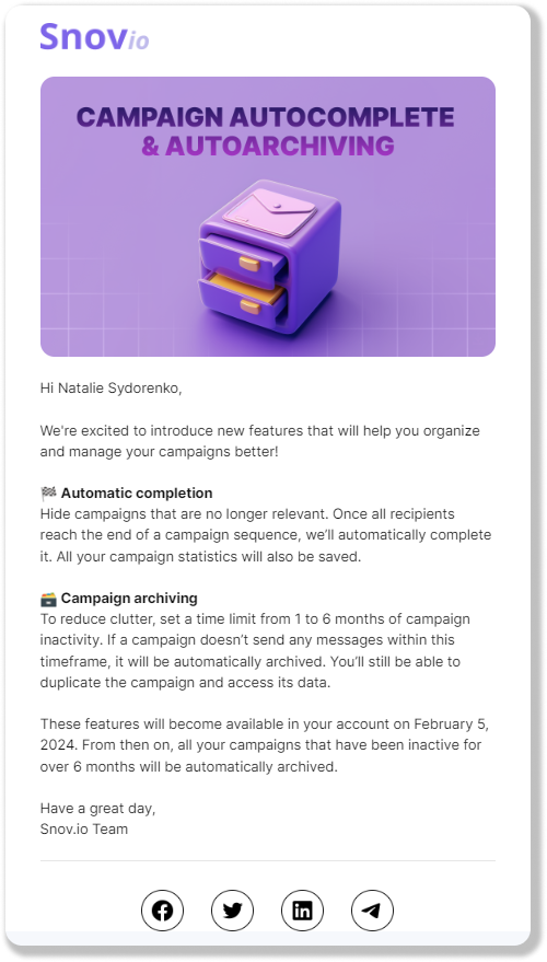 Snov.io product updates email example