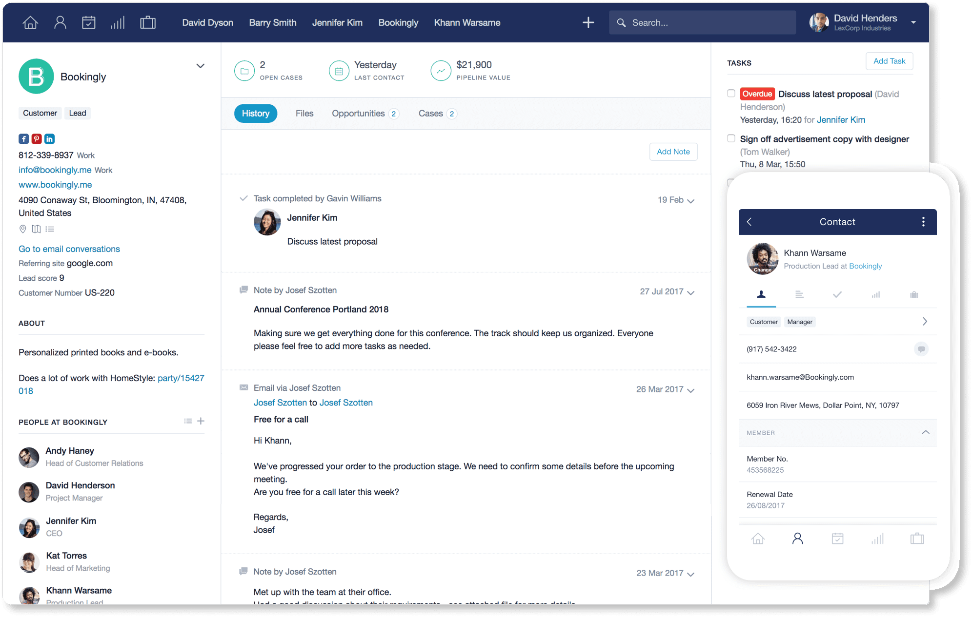 Interface de CRM exibindo perfil detalhado da empresa Bookingly com histórico de atividades, valor de pipeline de $21,900 e visualização mobile de contato.