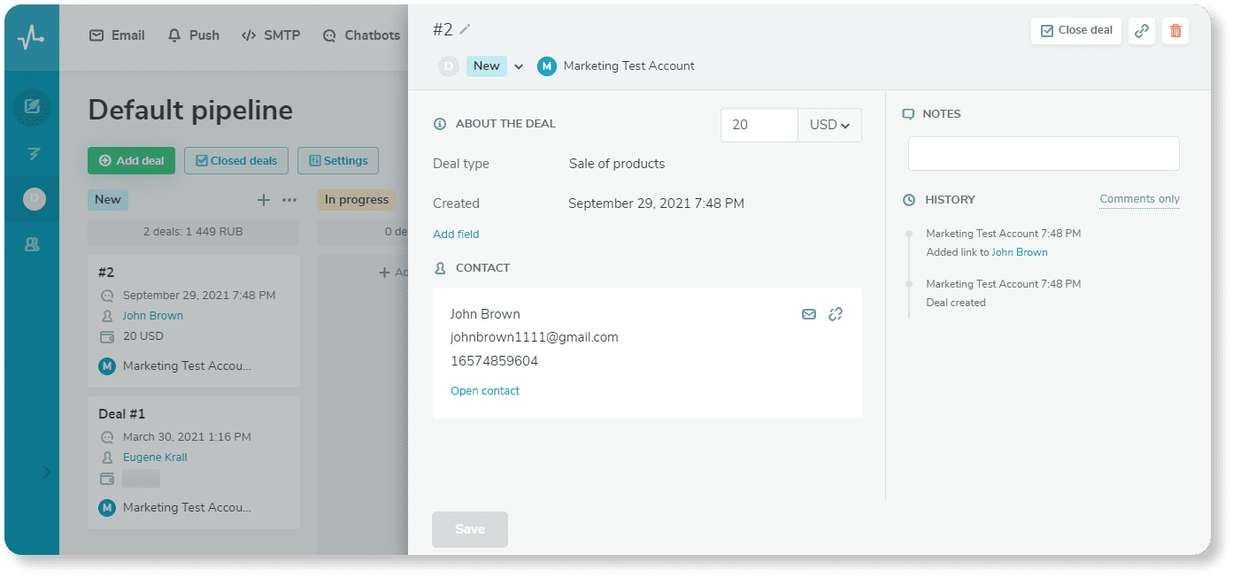  Interface de CRM exibindo detalhes de uma negociação no pipeline, com informações de contato, histórico de atividades e valor do negócio de 20 USD.