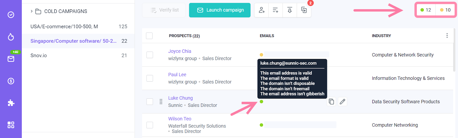 A screenshot of the Snov.io Email Verifier interface, displaying a list of prospects for a cold email campaign.
