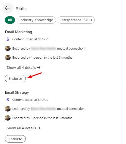 Screenshot of a LinkedIn profile's 'Skills' section, showing endorsements for 'Email Marketing' and 'Email Strategy.' A red arrow points to the 'Endorse' button, indicating how to endorse someone for a skill.