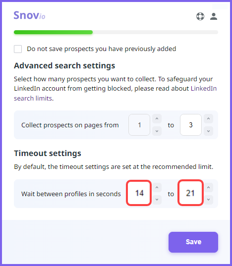 Snov.io LinkedIn prospect search settings