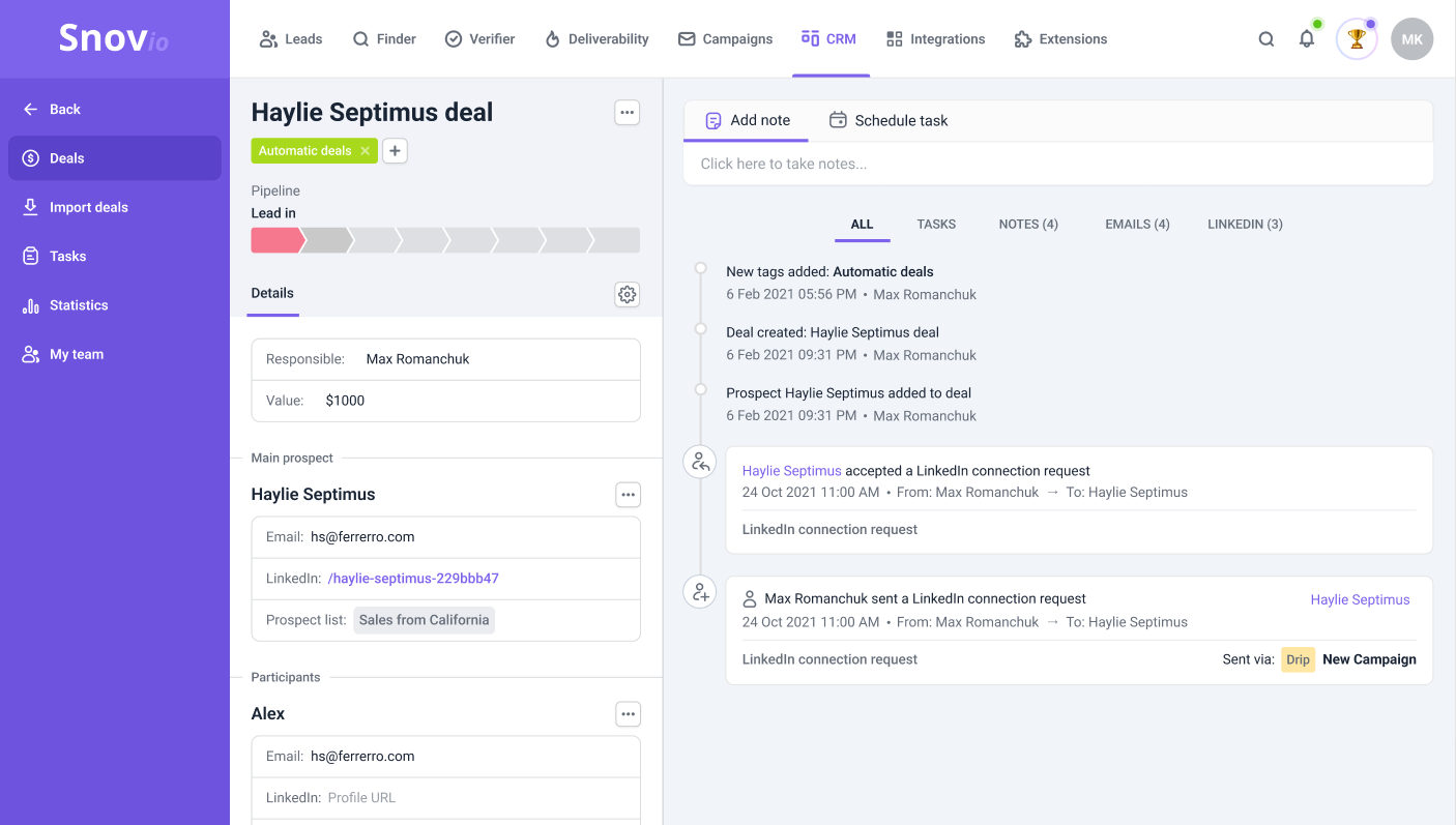 LinkedIn CRM by Snov.io