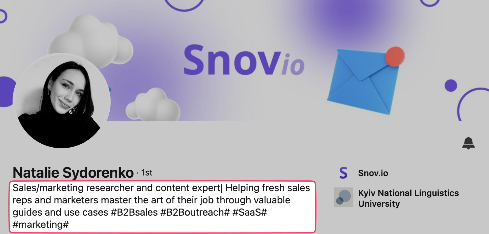 LinkedIn profile header of Natalie Sydorenko highlighting her role in helping sales reps and marketers master their jobs through guides and use cases, with hashtags related to B2B sales, outreach, SaaS, and marketing.