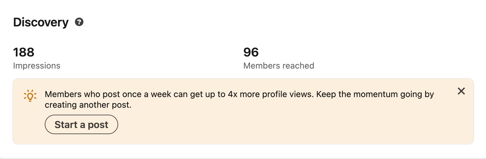 A LinkedIn analytics screenshot displaying post discovery metrics. It shows 188 impressions and 96 members reached.